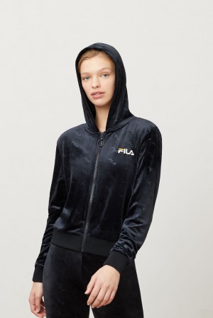 Sudadera con Capucha Fila Cipriana Embossed Velour Hoodie Mujer Blk/Wht | 485267AXE