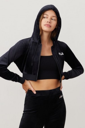 Sudadera con Capucha Fila Lou Cropped Velour Hoodie Mujer Blk/Wht | 740351GUA