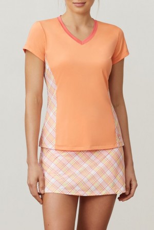 Tops Fila Mad For Plaid Short Sleeve V-neck Top Mujer Coral | 375261BIU