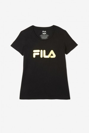 Tops Fila Solid Gold Logo Tee Mujer Negras | 906137MVR