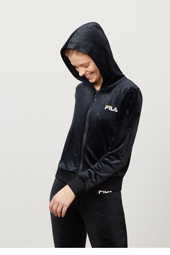 Sudadera con Capucha Fila Cipriana Embossed Velour Hoodie Mujer Blk/Wht | 019457YOV