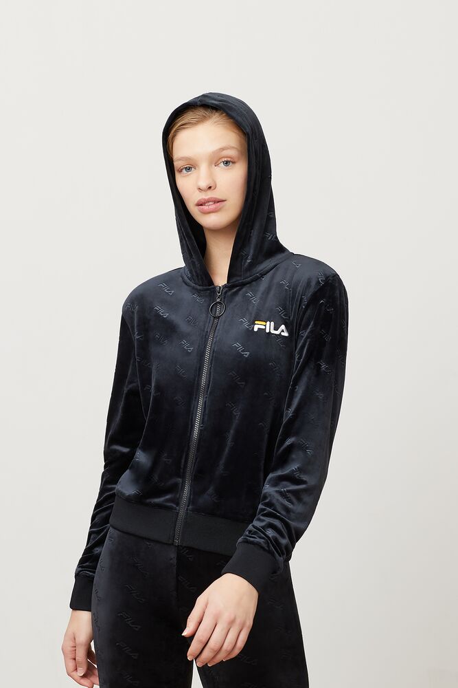 Sudadera con Capucha Fila Cipriana Embossed Velour Hoodie Mujer Blk/Wht | 019457YOV