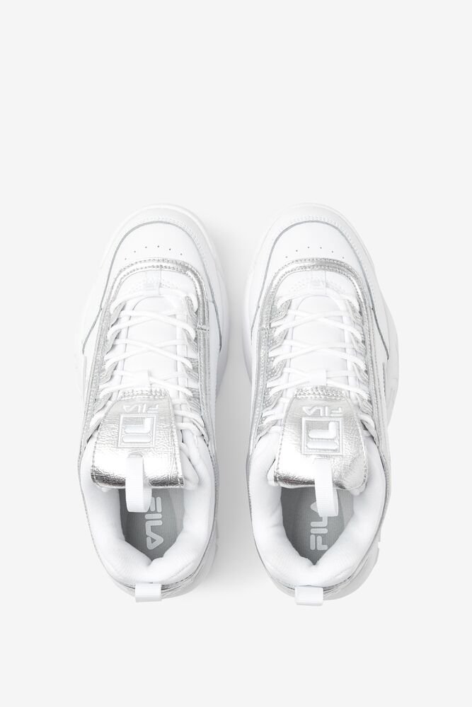 Tenis Fila Disruptor 2 Creased Metallic Sneakers Mujer Blancas Blancas Plateadas | 639502ZOX