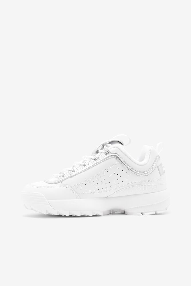 Tenis Fila Disruptor 2 Creased Metallic Sneakers Mujer Blancas Blancas Plateadas | 639502ZOX