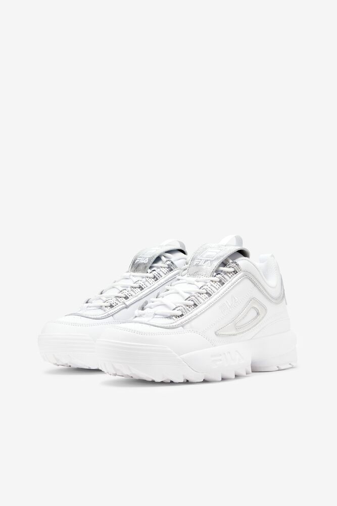 Tenis Fila Disruptor 2 Creased Metallic Sneakers Mujer Blancas Blancas Plateadas | 639502ZOX