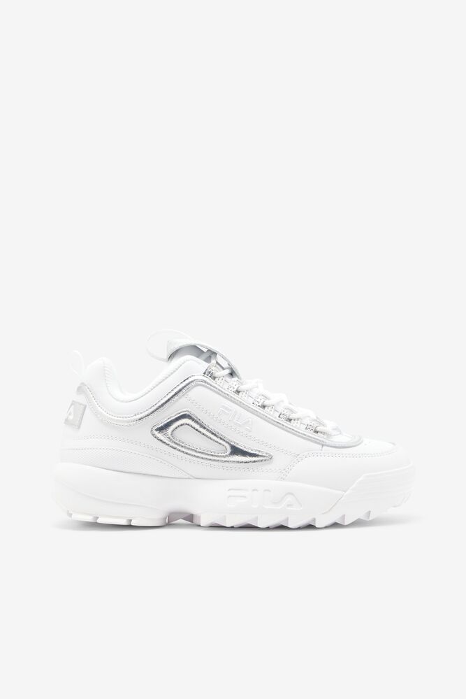 Tenis Fila Disruptor 2 Creased Metallic Sneakers Mujer Blancas Blancas Plateadas | 639502ZOX