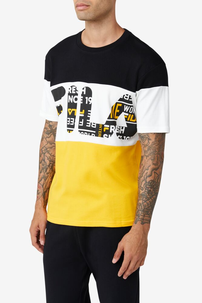 Tops Fila Johnson Tee Hombre Negras Amarillo Blancas | 471685BTW